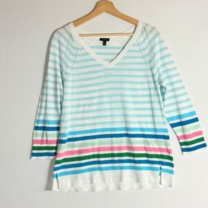 Talbots  Women Size Small ‎ Striped Sweater Aqua White Coastal Casual Soft Quiet